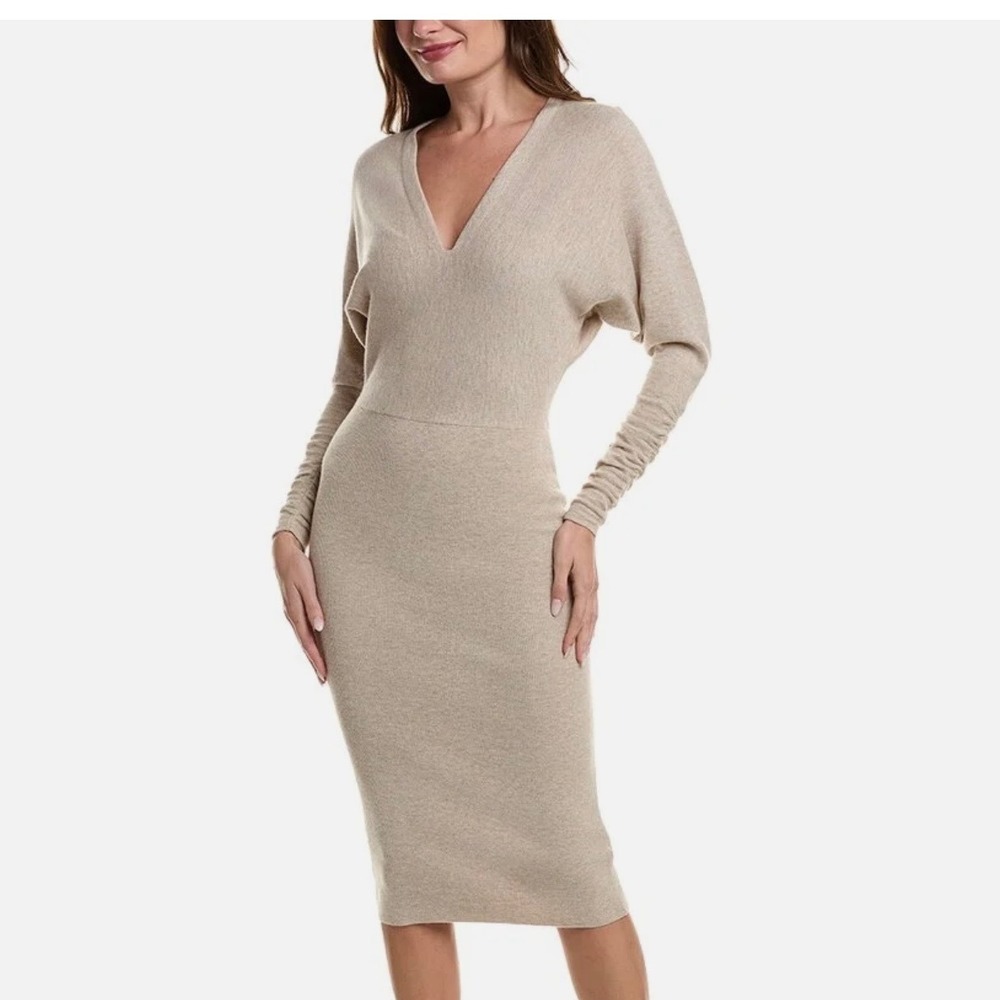 Reiss Oatmeal Wool Cashmere Blend V-Neck Ruched Batwing Sleeve Midi Dress M